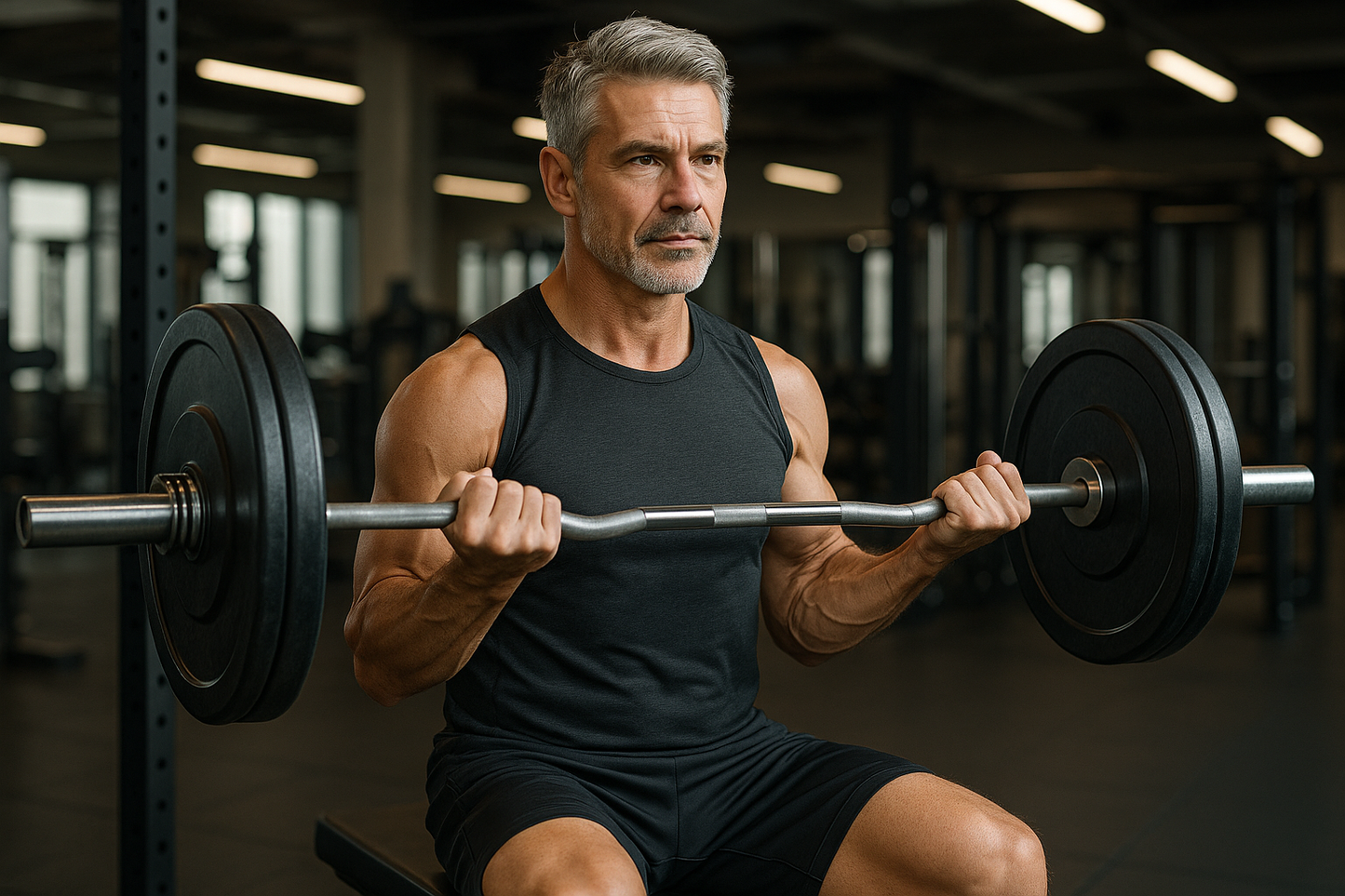 a realistic 50 year old fit and healthy man in the gym lifting weights