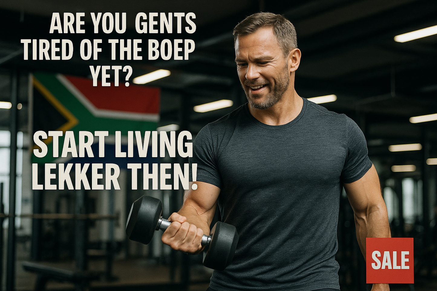 fit 40 year old realistic man in the gym with the south african flag behind him, text saying " Are you gents tired of the boep yet? Start living lekker then!' with a sale sign