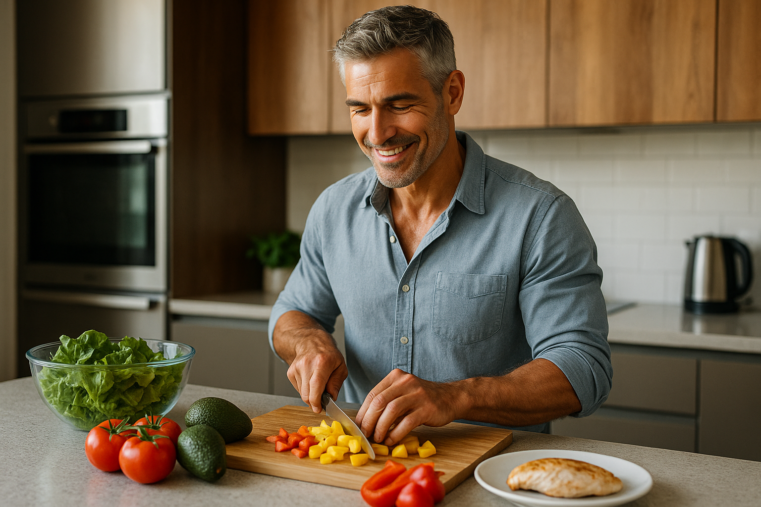 a realistic healthy and fit 50 year old man in the kitchen cooking a healthy meal